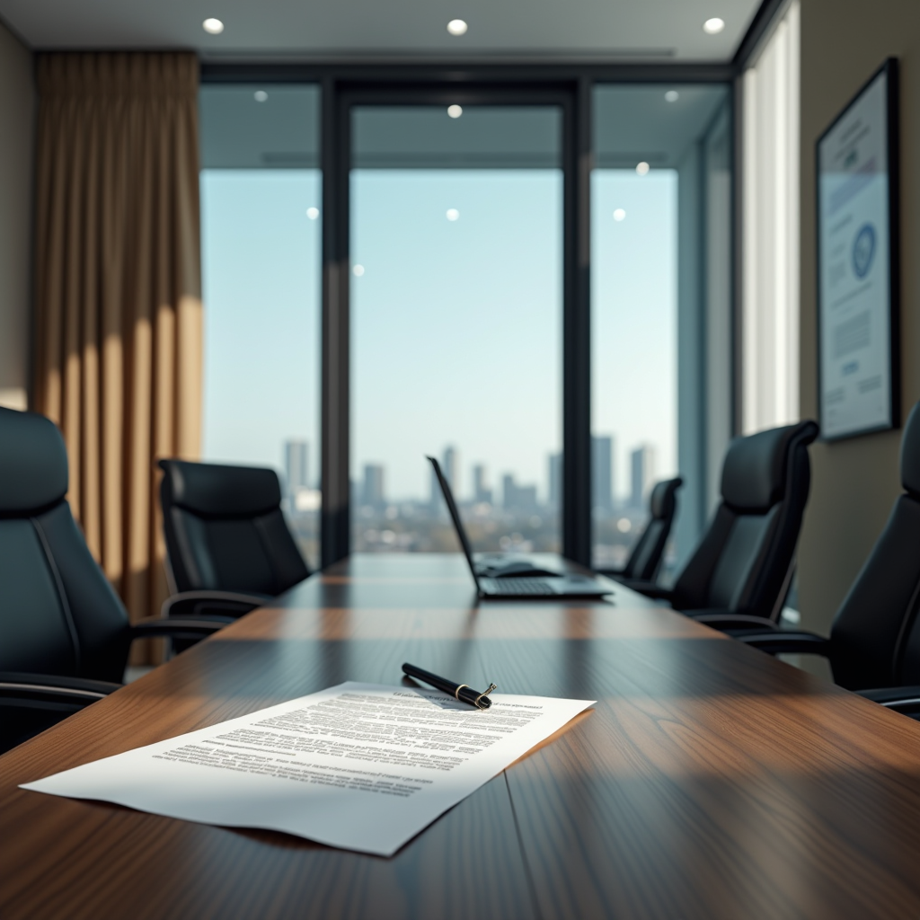 Bureau de consultation juridique professionnel avec design intérieur moderne, documents administratifs et ambiance professionnelle