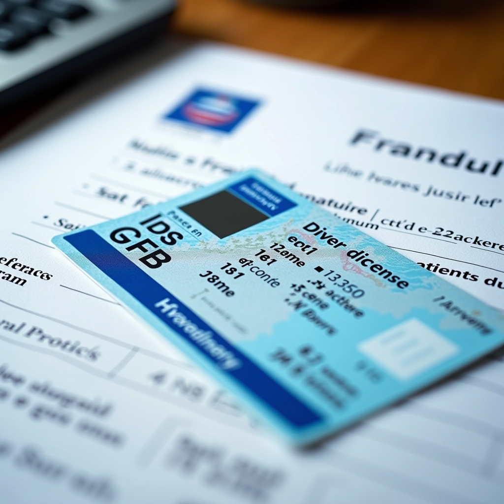 Gros plan d'un permis de conduire français moderne avec le système de points visible, posé sur un bureau administratif avec des documents officiels et un tampon de la République Française en arrière-plan