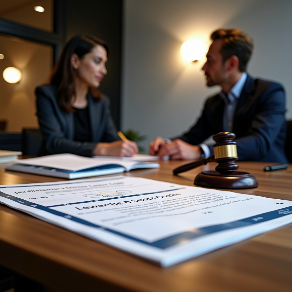 Bureau de consultation juridique moderne avec des dossiers de contraventions routières, code de la route français, et documents administratifs sur un bureau en bois, éclairage professionnel, ambiance sérieuse et rassurante