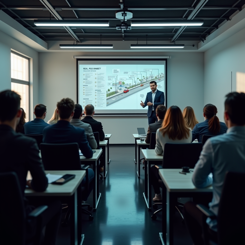 Session de formation à la sécurité routière dans une salle de classe moderne avec un instructeur professionnel présentant des techniques de conduite défensive à un groupe attentif de conducteurs