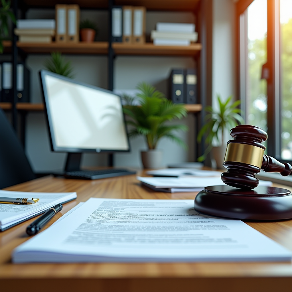 Bureau professionnel moderne avec documents juridiques, dossiers administratifs et ordinateur, représentant un service de représentation légale pour les infractions routières