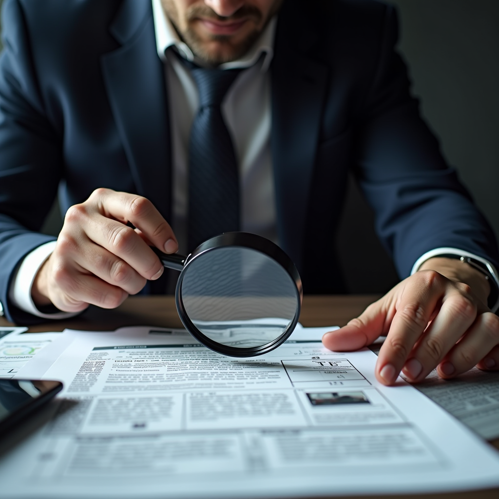 Expert juridique analysant minutieusement des documents de contravention avec une loupe, codes de la route et procès-verbaux étalés sur un bureau professionnel