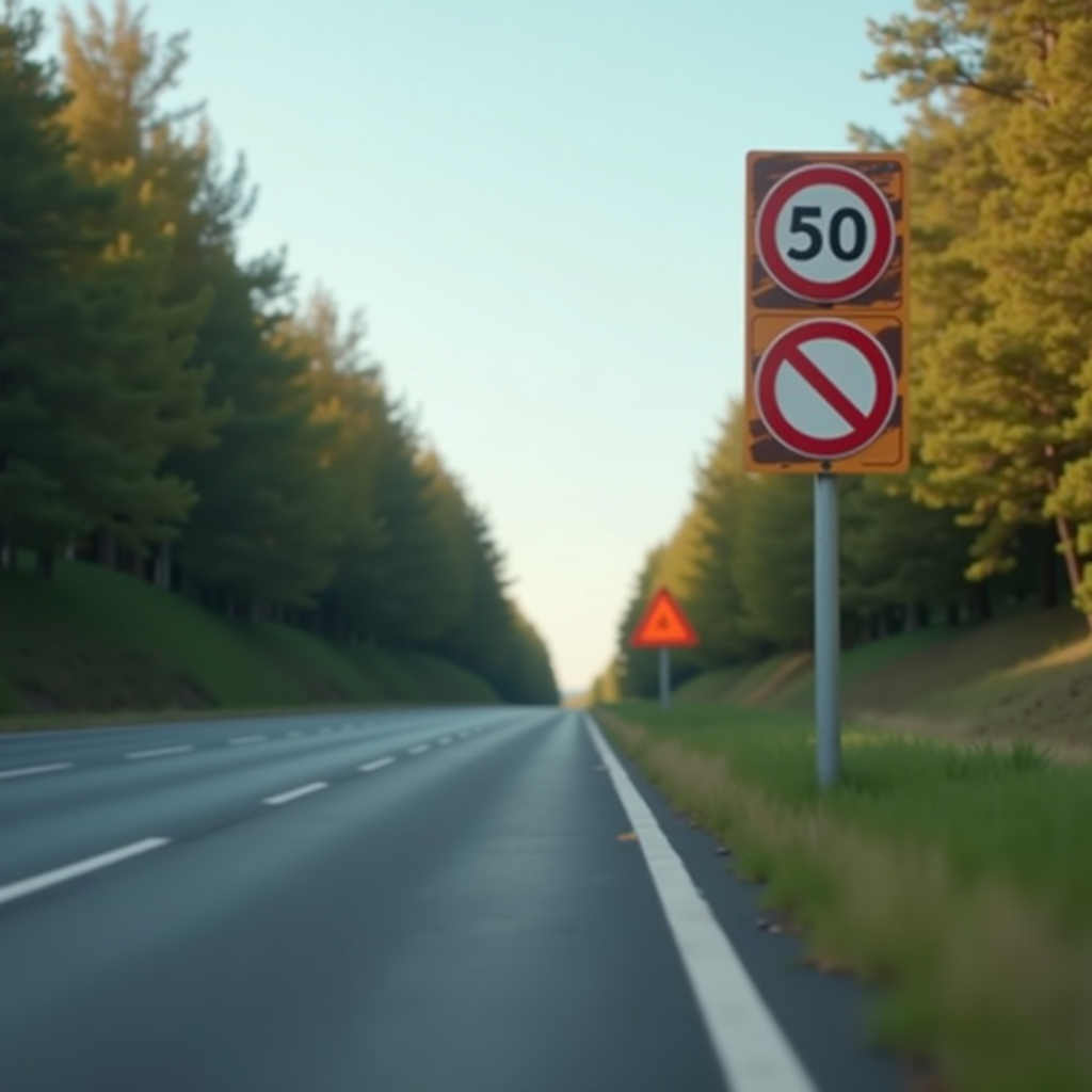 Vue d'une route française avec signalisation routière et panneau de limitation de vitesse, symbolisant la réglementation du code de la route et les enjeux de la suspension de permis de conduire