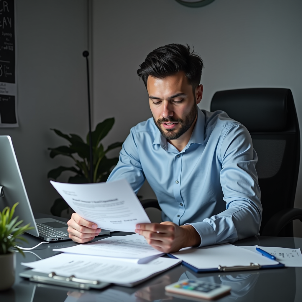 Consultant juridique professionnel examinant des documents administratifs relatifs aux infractions routières, avec des dossiers et un ordinateur sur un bureau moderne