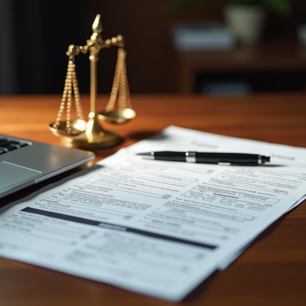 Bureau professionnel avec documents juridiques, formulaires de contestation, stylo et balance de justice symbolique sur un bureau en bois, éclairage tamisé et professionnel