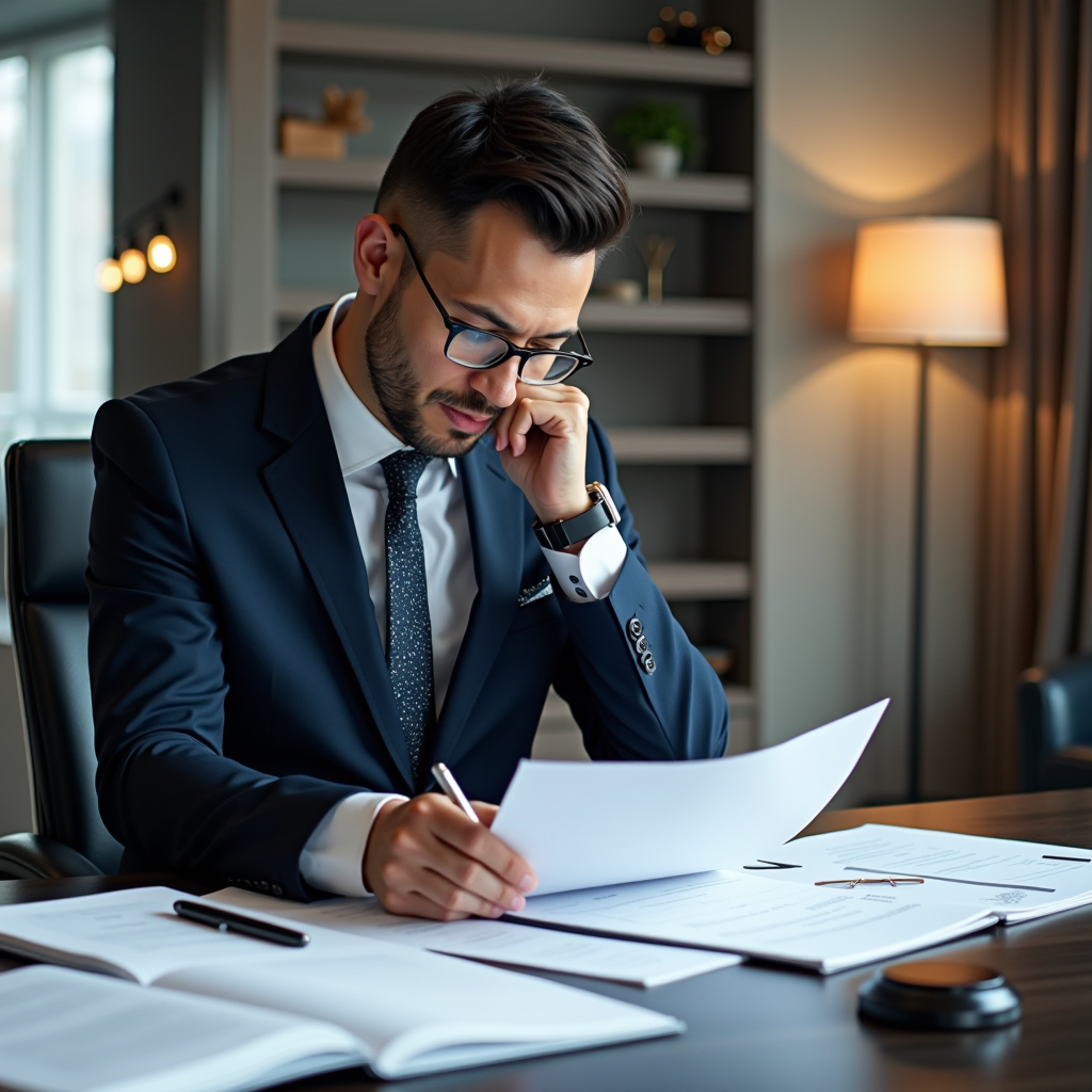 Consultant juridique préparant des documents administratifs pour une contestation d'infraction routière dans un bureau moderne et professionnel