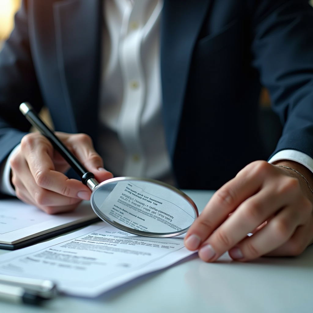 Expert juridique examinant minutieusement un avis de contravention avec une loupe et des documents légaux sur un bureau organisé